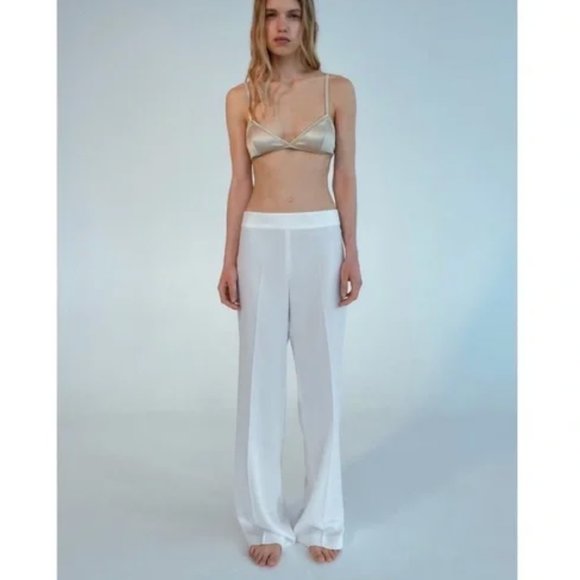 ZARA WHITE CREPE LONG FLOWY SIDE ZIPPER TROUSERS PANTS $50 - Picture 10 of 16